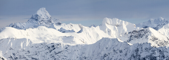 Amazing Winter Panorama with the snow covered Mountains Hochvogel, Hofats in Allgau Alps, Bavaria, Germany.
