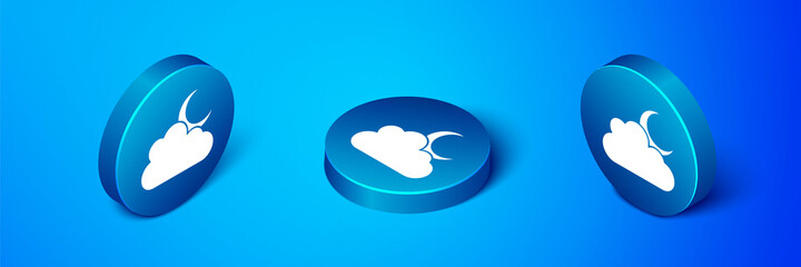 Isometric Cloud with moon icon isolated on blue background. Cloudy night sign. Sleep dreams symbol. Night or bed time sign. Blue circle button. Vector.