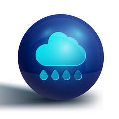 Blue Cloud with rain icon isolated on white background. Rain cloud precipitation with rain drops. Blue circle button. Vector.