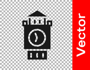 Black Big Ben tower icon isolated on transparent background. Symbol of London and United Kingdom. Vector.