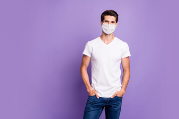 Portrait of his he nice attractive healthy guy wearing safety mask stop mers cov influenza...