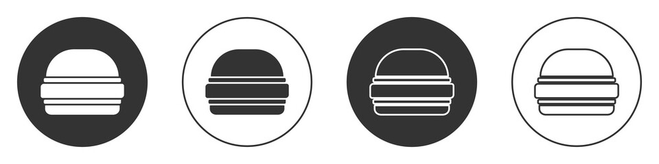 Obraz premium Black Burger icon isolated on white background. Hamburger icon. Cheeseburger sandwich sign. Fast food menu. Circle button. Vector.