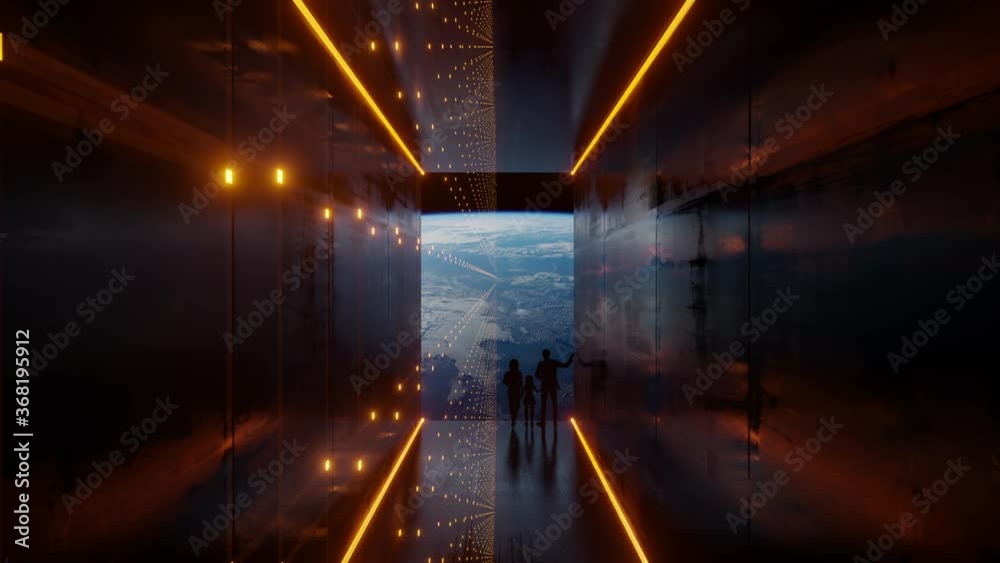 Poster huge illuminator of an unknown spaceship interior with scanner at an empty galaxy. 3d iss animation 