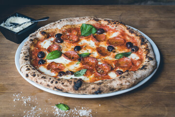 pizza on a wooden table