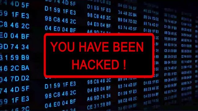YOU HAVE BEEN HACKED! flashing warning in a red framed subscreen - digital computer display with permanently changing code numbers as background