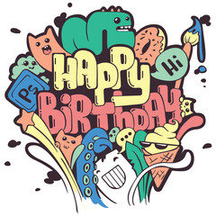 Happy birthday banner. Funny doodles. Congratulation card. Cute colorful banner with monsters.
