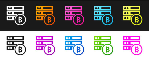 Set Server bitcoin icon isolated on black and white background. Vector.