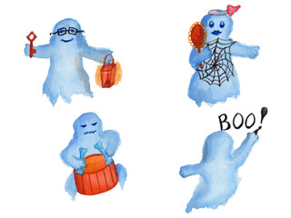 Set of Halloween watercolor ghosts isolated on white background.