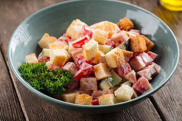 Closeup on malibu salad dressed with mayonnaise