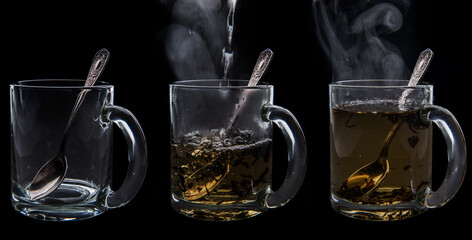 stages of brewing tea in a glass on a black background