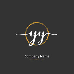 Y YY Initial handwriting and signature logo design with circle. Beautiful design handwritten logo for fashion, team, wedding, luxury logo.