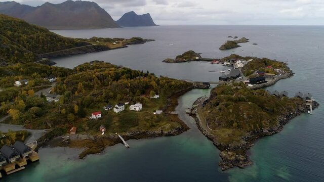 Aerial, orbit, drone shot around the Hamn village, on Senja island, in North Norway
