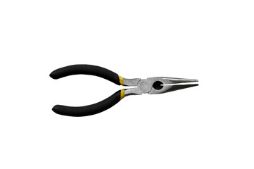 Isolated metal pliers with plastic black handles on a white background.