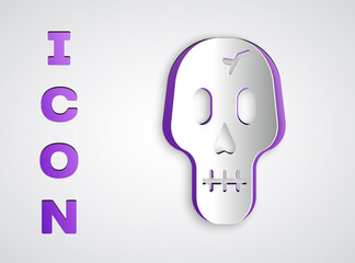 Paper cut Skull icon isolated on grey background. Happy Halloween party. Paper art style. Vector.