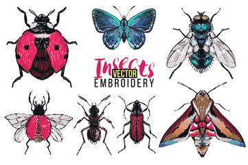 Bug, forest ant, small blue butterfly, green fly, night moth butterfly, flying ladybag, red flying bug. Embroidery fashion patch with insects illustration. Trendy traditional art on white background.