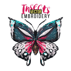 Greeting card with big tropical butterfly. Embroidery fashion patch with insects illustration. Trendy traditional art on white background.