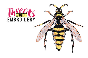 Big wasp. Embroidery fashion patch with insects illustration. Trendy traditional art on white background.