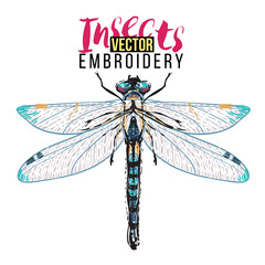 Stylish greeting card with beautiful dragonfly. Embroidery fashion patch with insects illustration. Trendy traditional art on white background.