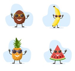 Cute and funny pineapple, watermelon, Coconut ,banana character with sunglasses. Colorful summer design. Vector illustration in flat style