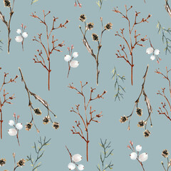 Watercolor seamless pattern with abstract brown twigs and snowberries 
