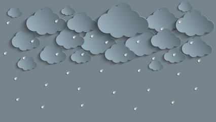 Rain thunder lightning and clouds in the paper cut style. Vector storm weather concept with falling water drops from the cloudy sky. Storm papercut background horizontal banner.