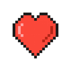 Closeup heart. Pixel icon. Cute red pixel logo with black frame. Abstract reflection. Vector illustration isolated on white background.