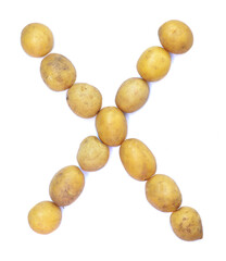 Letter X of the English alphabet from potatoes. A letter made of fruit on a white background.