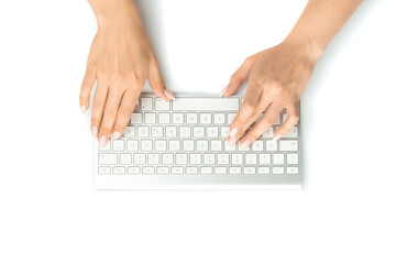 Fototapeta na wymiar Laptop hands. Woman using laptop. Female online work female. Hand typing on desktop office computer keyboard. Home office. Business, career concept