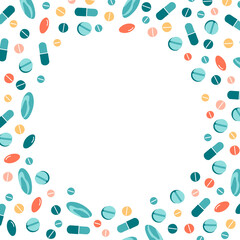 Various pills or drugs round frame with space for text on white.
