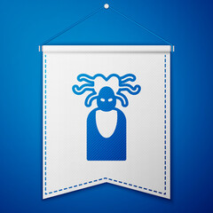 Blue Medusa Gorgon head with snakes greek icon isolated on blue background. White pennant template. Vector.