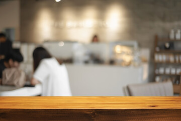 Cafe bistro or restaurant blurred background with empty wood montage.