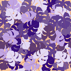 Seamless pattern with exotic leaves. Monstera leaf. Violet colors. Vector illustration.