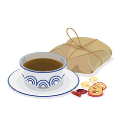 A cup of chinese traditional herbs drink and dried herb.