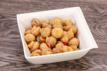 Pickled champignons in the bowl