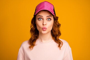 Close-up portrait of her she nice-looking attractive lovely charming cute winsome pretty affectionate wavy-haired girl sending air kiss isolated on bright vivid shine vibrant yellow color background