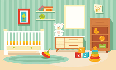 Cute children's room for a girl. Children's toys in the room. Vector illustration in a flat cartoon style.