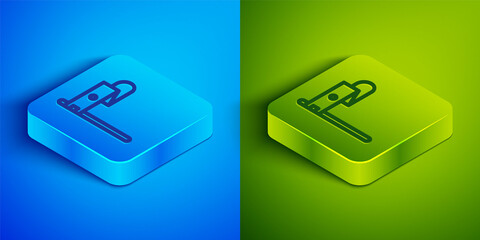 Isometric line Medieval flag icon isolated on blue and green background. Country, state, or territory ruled by a king or queen. Square button. Vector.