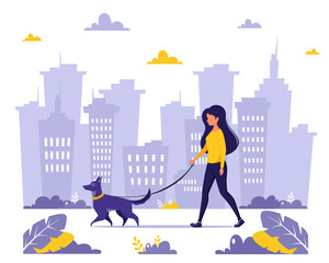 Woman walking with dog in the city. Outdoor activities. Vector illustration in flat style.