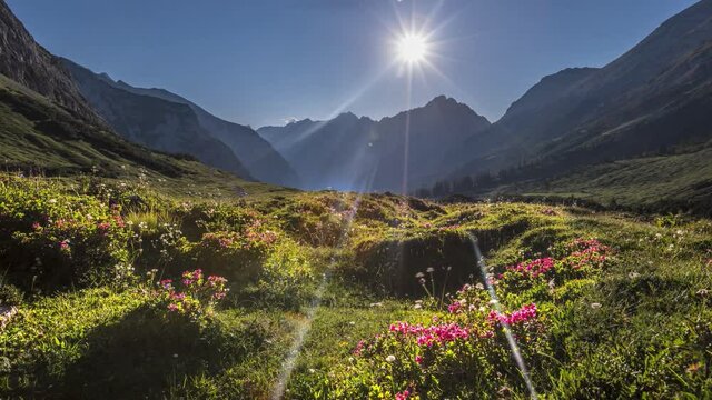 Sunset alps panorama meadow time lapse austria nature landscapes karwendel mountin.