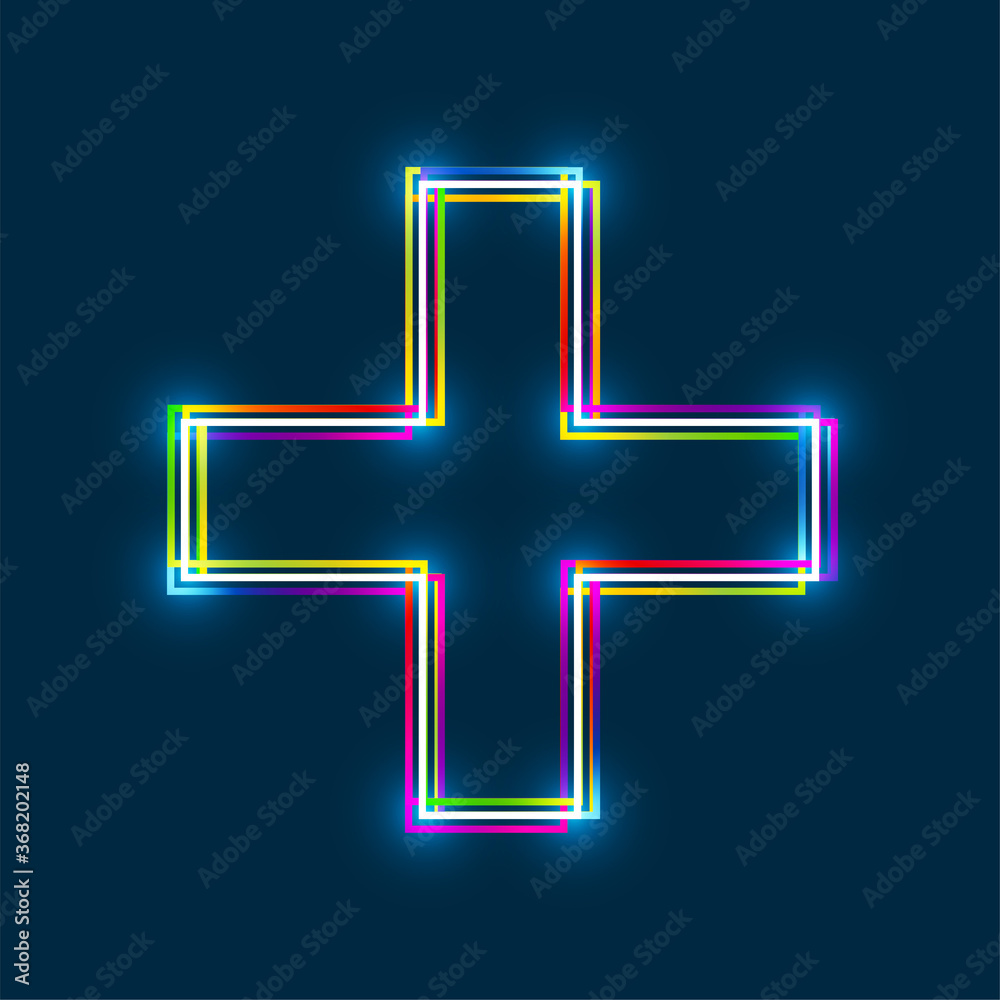 Poster Multi-colored multi-layered line plus sign, cross icon with glowing light effect on a blue background. EPS10 vector file
