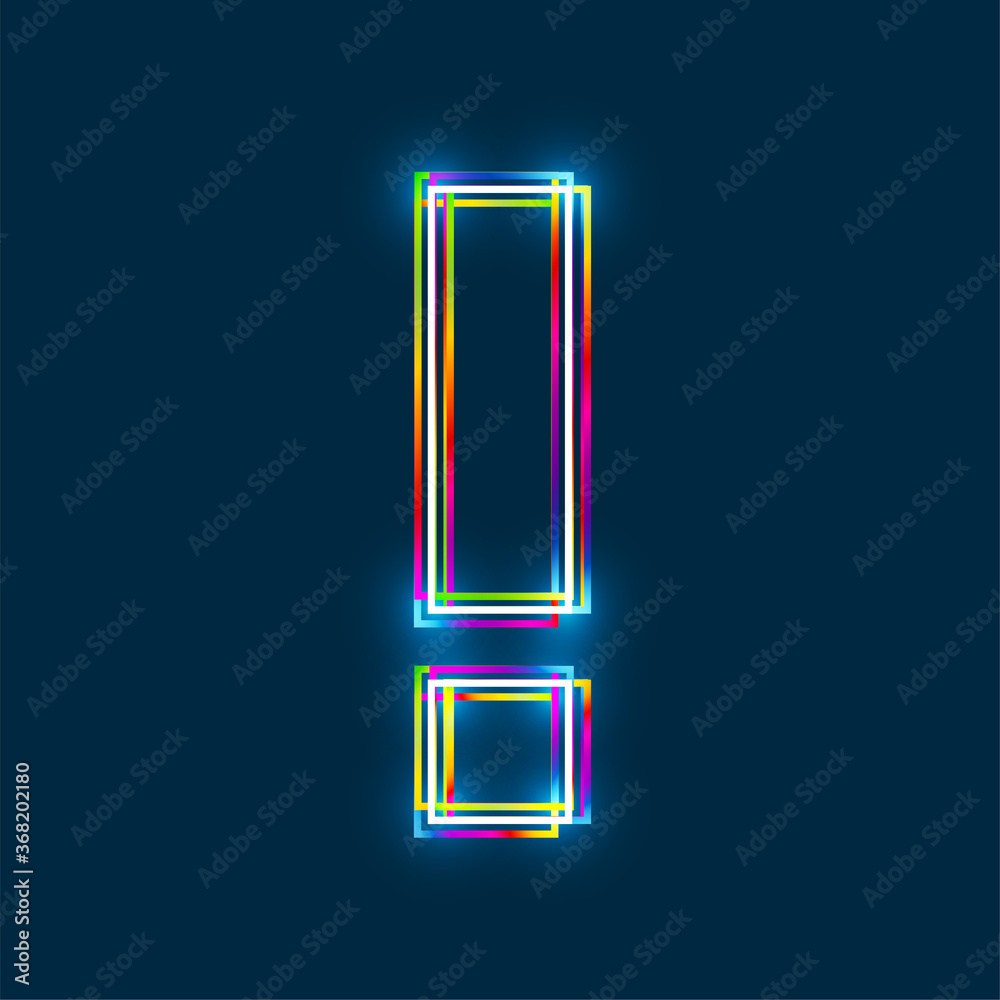 Poster multi-colored multi-layered line exclamation point icon with glowing light effect on a blue backgrou