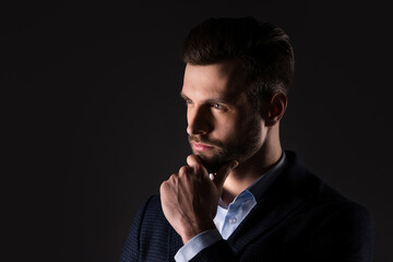 Close-up portrait of his he nice attractive minded man professional director agent broker touching...