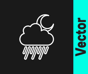 White line Cloud with rain and moon icon isolated on black background. Rain cloud precipitation with rain drops. Vector.