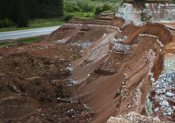 textures of various clay layers underground in  clay quarry after  geological study of  soil....