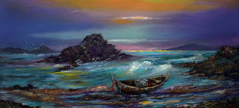 Art Oil painting Fine art color Sky  boat  wave sea , Art class , phuket thailand