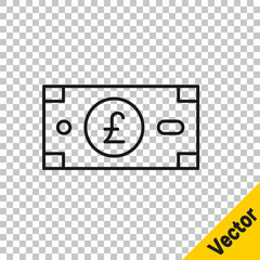 Black line Pound sterling money icon isolated on transparent background. Pound GBP currency symbol. Vector.