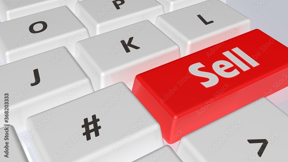 Poster white keyboard with red key having the write sell - 3d rendering illustration