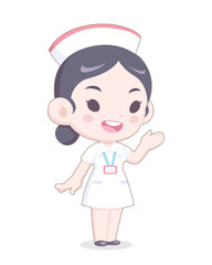 Cute Cartoon Style White Uniform Nurse Presenting Happily Vector Illustration 
