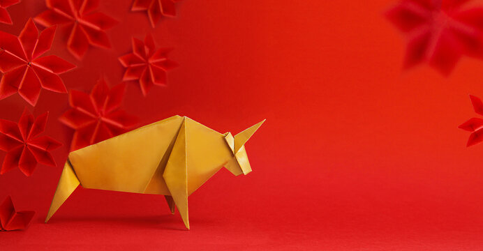 Chinese New Year 2021 Year Of The Ox , Cold. Bull On Red Background.