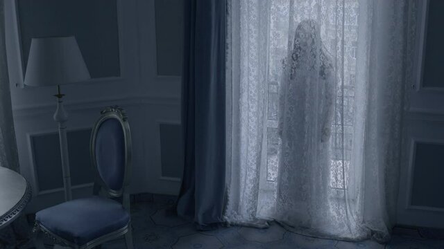 Crazy young woman behind the curtains, spirit of white lady in mysterious hotel